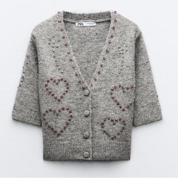 ZARA BLOGGERS’ FAVORITE HEART BEADED KNIT CARDIGAN VIRAL - Picture 1 of 13